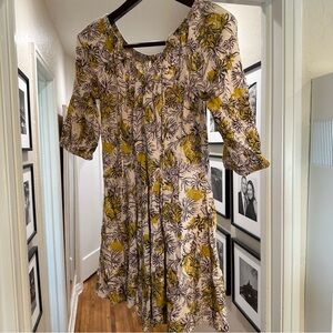 Daily Practice by Anthropologie Mollie Yellow and Brown Floral Tunic Mini Dress
